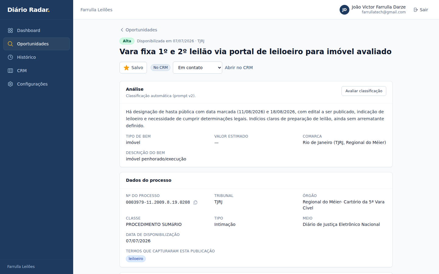 Detalhe de uma oportunidade com análise da IA e dados do processo